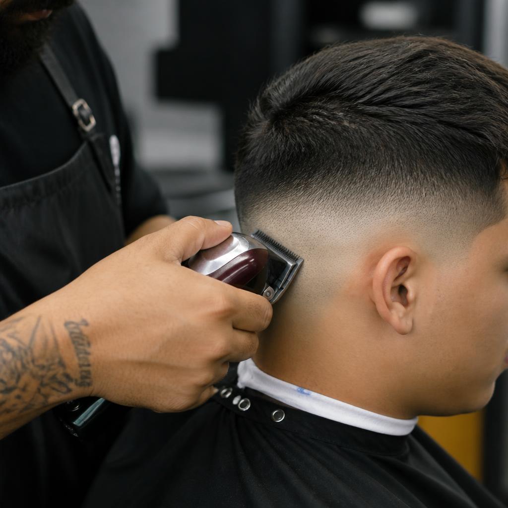 A barber finishing a skin fade with clippers